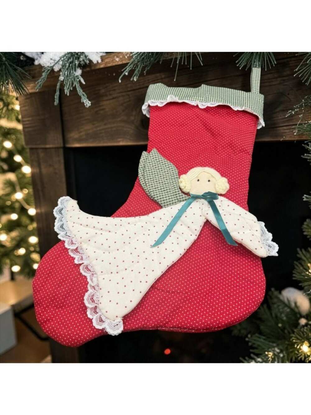 Handmade Red Christmas Stocking Angel Applique Lace Trim Rustic Holiday Decor